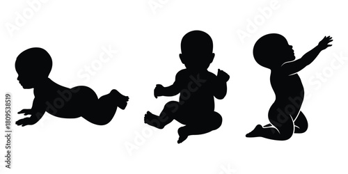 Set of cute baby silhouettes crawling, sitting, and reaching