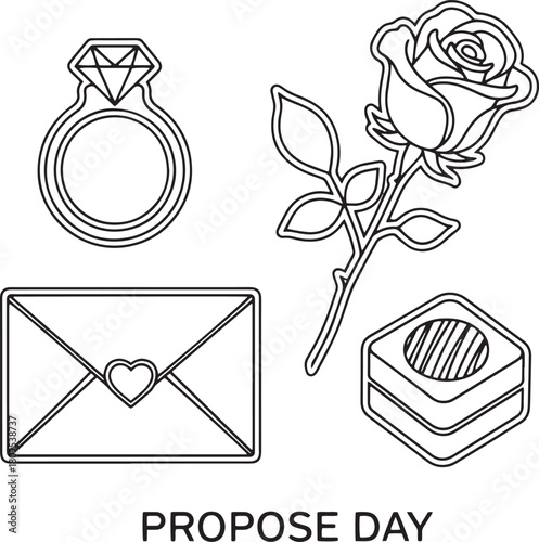 Delicate linear drawings for propose day celebration with engagement ring and rose