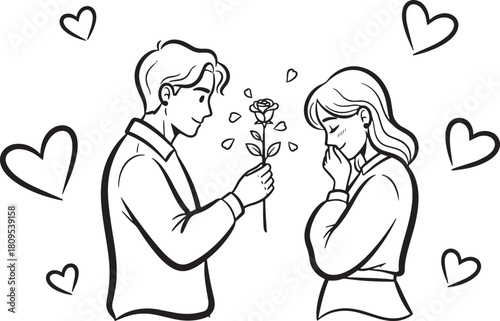 Guy gives flower to girl surrounded by floating hearts on transparent background