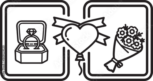 Open ring box with diamond and gift bouquet for propose date in line art