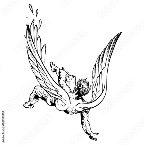 Minimalist detailed line art drawing of falling angel with wings black and white illustration for tattoo design idea vector