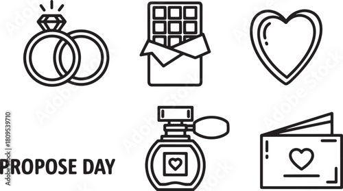 Propose day line icons jewelry perfume chocolate gift card love rose dating hearts