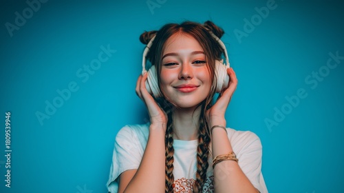 A young woman listens to music while wearing wireless headphones, enjoying the vibrant blue backdrop that enhances her youthful energy. The wireless headphones create a sense of fr