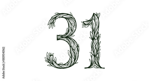 Elegant vegetative numerical design featuring the number thirty-one with detailed foliage elements for anniversary or birthday celebrations