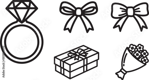 Ring with Diamond Gift Bow and Flowers for Celebration Event Decoration Icons