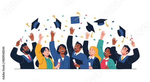 Illustrative Celebration of Graduation Achievement and Diverse Student Community Success with Academic Caps Thrown in Jubilation