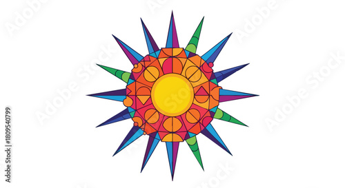 Kaleidoscopic Solar Burst: A vibrant geometric explosion of color and pointed shapes radiating from a central yellow orb reminiscent of celestial