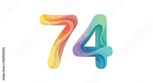 Playful seventy-four graphic with gradient color layering providing visual depth and texture on a clean background