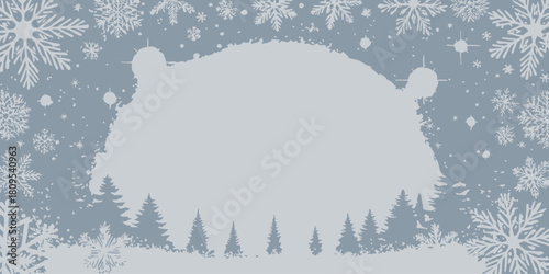 Vector christmas winter themed background with snowflakes and trees surrounding a central light gray space for text