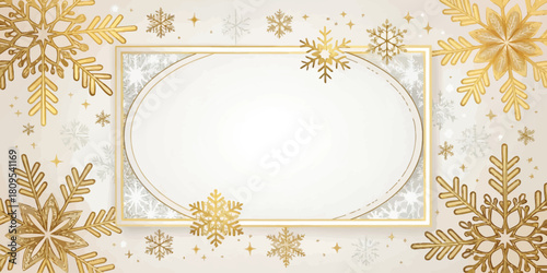 Vector christmas elegant winter frame with golden snowflakes and stars on a light beige background design element