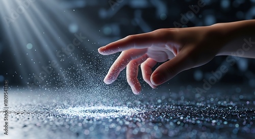 Hand Touching Shimmering Digital Dust Surface