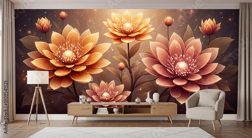 Cosmic Luminous Floral 3D Mural Background, 3D Floral Wallpaper, Decorative Wall Mural, Mural Background.