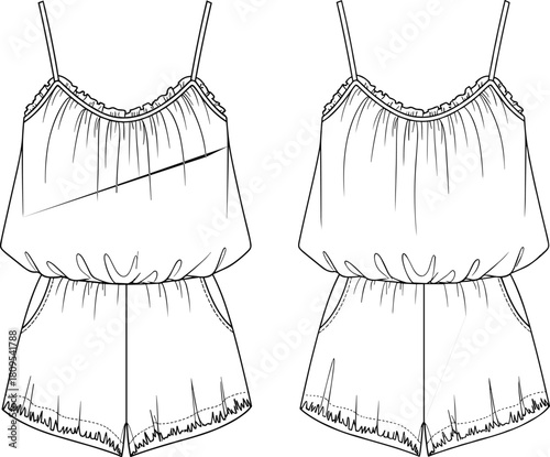 Women’s romper fashion technical sketch, front and back view, spaghetti straps, elastic waist, loose shorts, garment design, flat vector