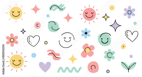 Playful and cheerful seamless pattern featuring whimsical suns, hearts, flowers, and abstract shapes against a white background, ideal for designs