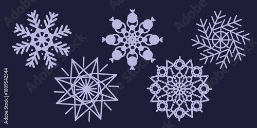 Collection of various decorative winter snowflakes in vector style. Ideal for Christmas designs, winter banners, holiday cards, invitations, promotional materials and seasonal decorations.