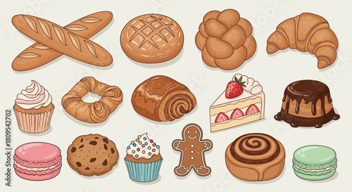 Assortment of baked goods: bread, pastries, cakes, and cookies.