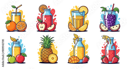 Set of colorful fruit juice illustrations with various fruits.