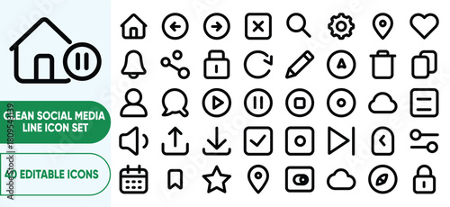 Clean Social Media Line Icon Set – Modern Outline Symbols for Home, Navigation, Search, Notifications, Chat, Media Controls, Uploads, Profiles, and UIUX Interfaces
