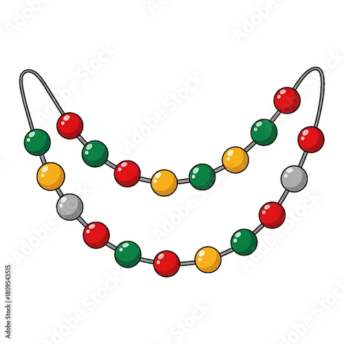 A beaded holiday garland icon with red, green, silver, and gold spheres.
