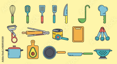 Camping gear icons: tent, fire, backpack, sleeping bag, compass, map, thermos, flashlight, axe, chair, table, stove.