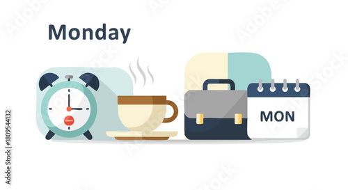 Starting the Week: Vector Illustration of Monday Morning with Coffee and Business Essentials