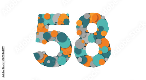 Stylized number fifty-eight design adorned with overlapping blue gray and orange circles offering a visually striking and modern aesthetic