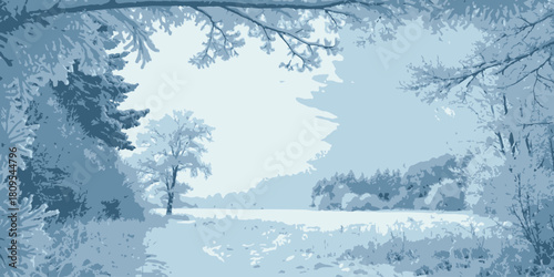 Vector christmas a winter landscape featuring snow covered trees and a field under a pale sky on a cold winter day