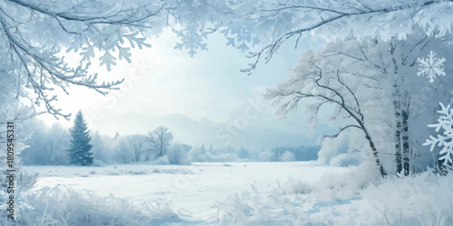 Vector christmas a serene winter landscape with snow covered trees and a frozen lake under a soft blue sky and snowflakes