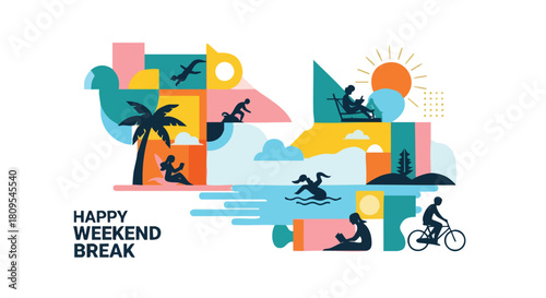 Colorful Geometric Illustration of People Enjoying Leisure Activities on a Weekend Break