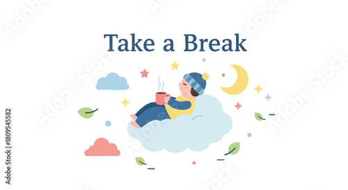 Whimsical relaxation: Cartoon figure enjoying coffee on a cloud under the stars and moon illustration