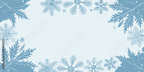 Vector christmas light blue background with snowflakes and leafy branches framing a central blank space for text or design