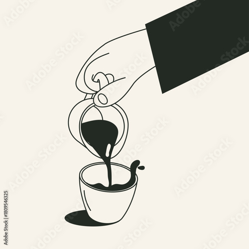 Hand Pouring Coffee from a small pitcher into a cup - Line Art Illustration