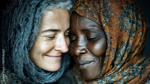 A close-up shot of two women, one with fair skin and graying hair, the other with dark skin, both wearing headscarves and with their eyes closed.