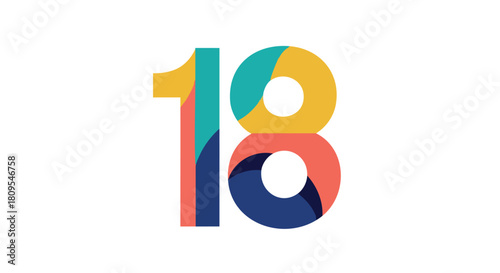 Stylized Number Eighteen Graphic Design with Vibrant Palette isolated on white background