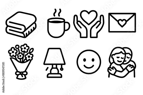 Symbols of Warm Care. Warm Acts of Care linear icon set. cozy blanket, steaming mug, heart in hands, letter, flower bouquet, comforting light, smile, hug