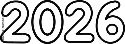 Bold outlined year 2026, ideal for new years designs, calendars, future planning, and graphic elements