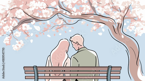 A couple enjoys the spring atmosphere under the cherry blossom.