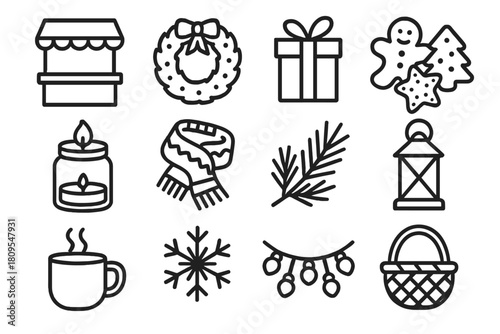 Winter Market Icons. Winter Market Icons linear icon set. vendor stand, wreath, gift wrap, cookies, candle jar, knitted scarf, pine bough, lantern, hot drink, snowflake, garland
