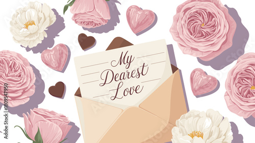A romantic scene of a love letter, hearts, and roses, expressing deep affection.