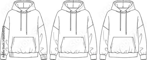 Flat vector hoodie fashion sketch, front view sweatshirt design, apparel illustration, casual wear template, garment technical drawing, clothing mockup