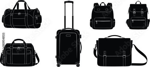 “Duffel bags, rolling suitcase, backpack, messenger satchel, travel luggage, black silhouette vector illustration”
