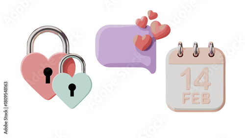 Love and relationship concept with lock, hearts, and calendar.