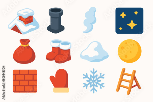 Chimney Isometric Icon Set. Chimney Visit flat icons set. snow-covered roof, chimney pipe, smoke trail, starry night, present sack, boots, snow mound, glowing moon, brick texture