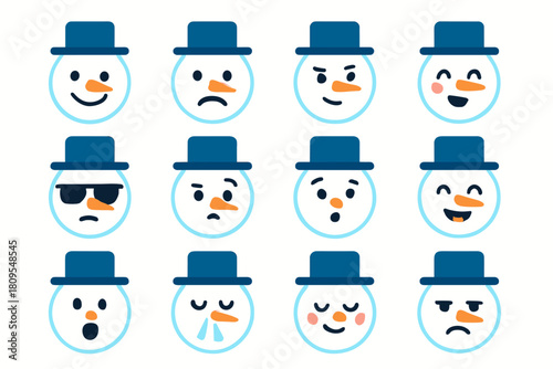 Snowman Emotions. Snowman Faces flat icons set. smiling snowman, frowning snowman, mischievous snowman, blushing snowman, cool snowman with sunglasses, confused snowman, curious