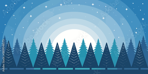Vector christmas a winter scene with stylized trees and stars under a gradient blue sky with a bright circular light