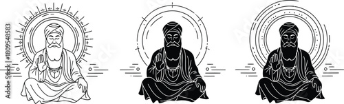 Illustrative depictions of a wise spiritual figure in meditative pose with radiant halos, symbolizing enlightenment and inner peace