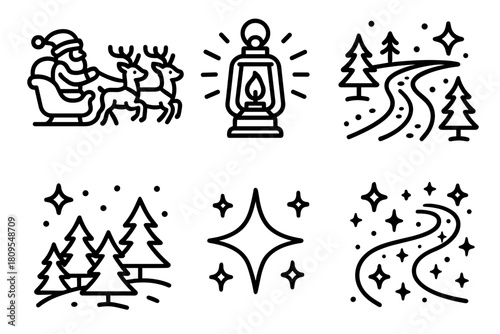 Christmas Eve Journey. Christmas Eve Adventure linear icon set. reindeer team, lantern light, snow trail, forest, sparkle, sky path