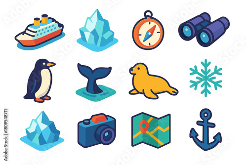 Polar Exploration Icons. Polar Exploration flat icons set. cruise ship, iceberg, compass, binoculars, penguin, whale tail, seal, snowflake, glacier, camera, map, anchor