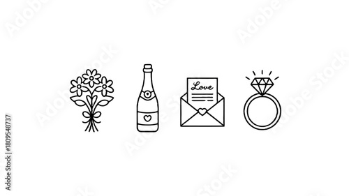 Four romantic icons arranged in a row: a bouquet, champagne bottle, love letter, and diamond ring.