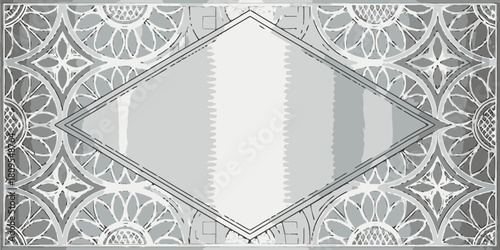 Vector christmas decorative art deco panel with floral patterns and diamond shaped central frame in shades of gray